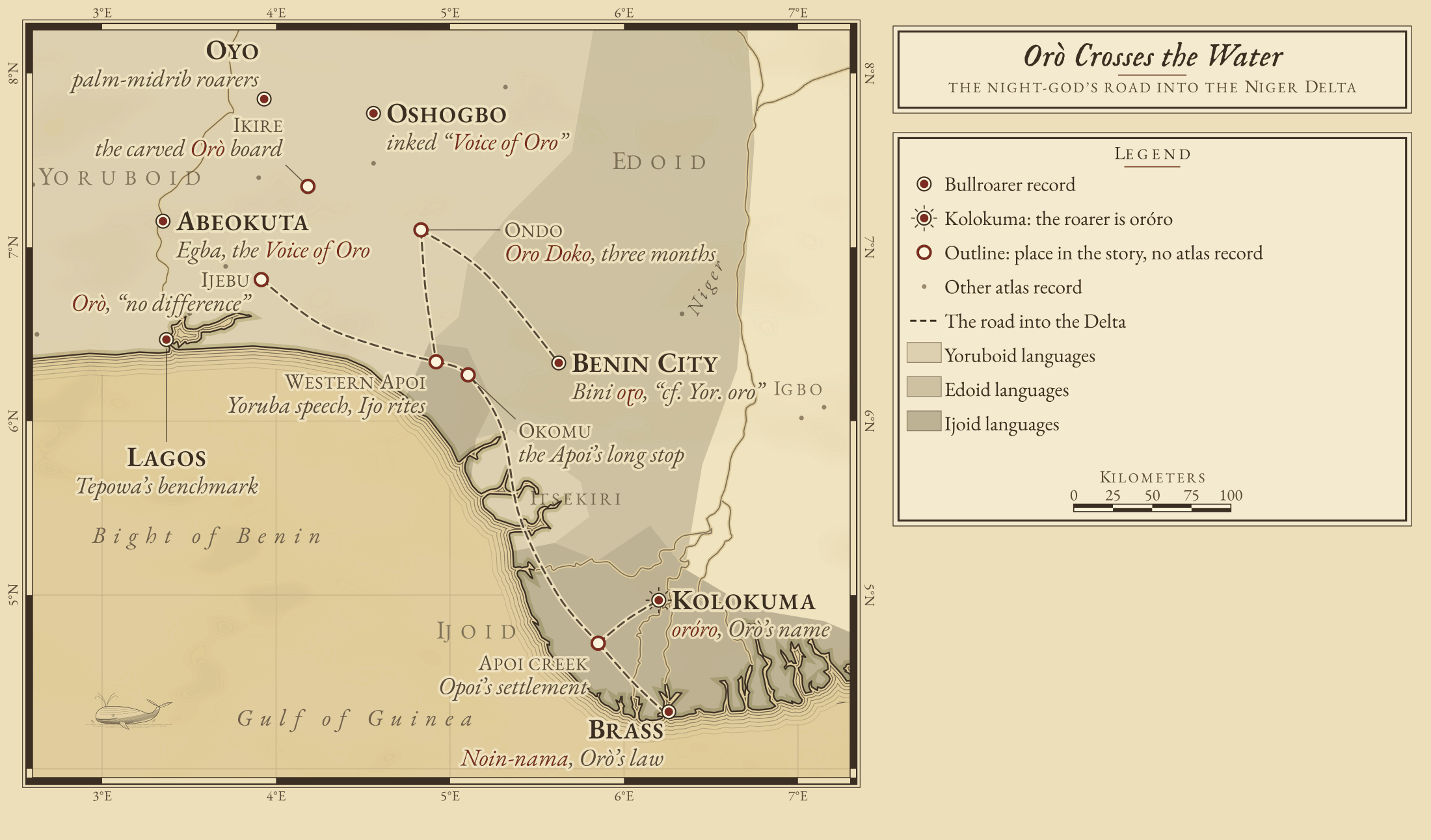 Engraved chart of south-western Nigeria and the Niger Delta: Yoruba Orò towns in the west, Benin, the Kolokuma creeks and Brass, with the Apoi between, over tinted Yoruboid, Edoid and Ijoid language areas and a dashed line for the road from the Yoruba towns into the Delta.