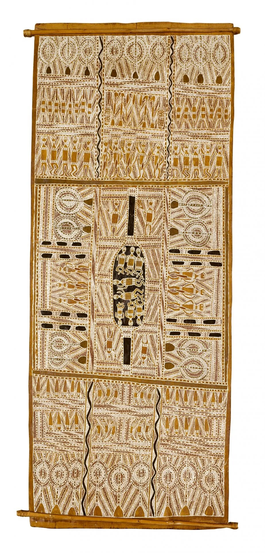 Mathaman Marika’s tall bark painting of Arafura Lagoon, divided into fine crosshatched fields with water creatures, figures and circular forms.