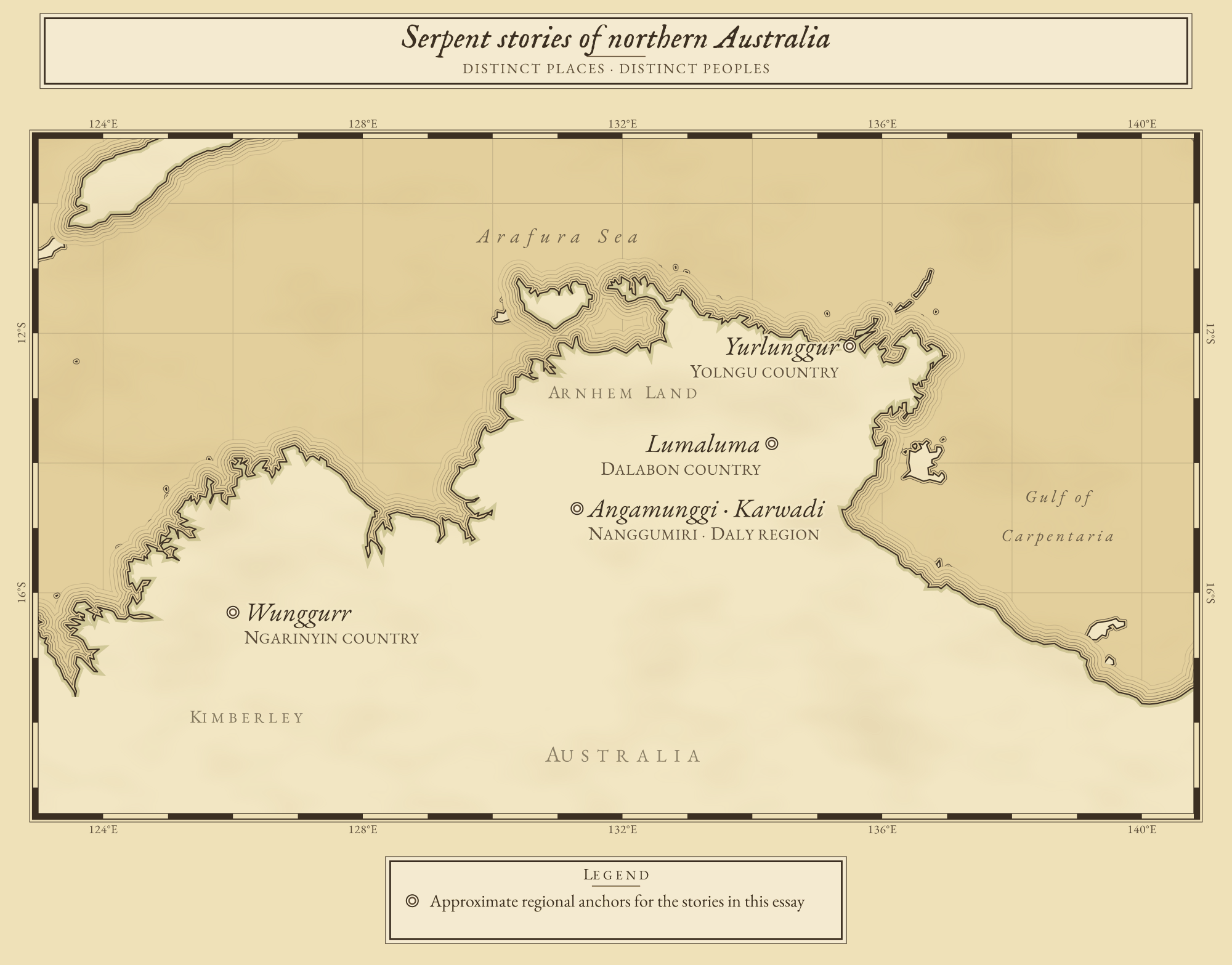 Map of northern Australia locating Ngarinyin country, the Nanggumiri Daly region, Dalabon country and Yolngu country with approximate regional markers.