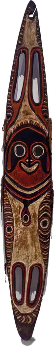 A tall narrow gope board painted red, white and black with a grinning face and elongated slots above and below it.