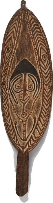 A second hohao board, a pointed oval with a long face inside chevron borders, on a handle.