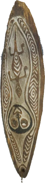 A broad pointed board painted white with a lizard figure and a round face near its base.