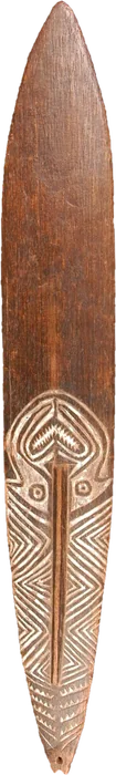 A plain brown wooden slat with a band of white chevrons at its lower end.