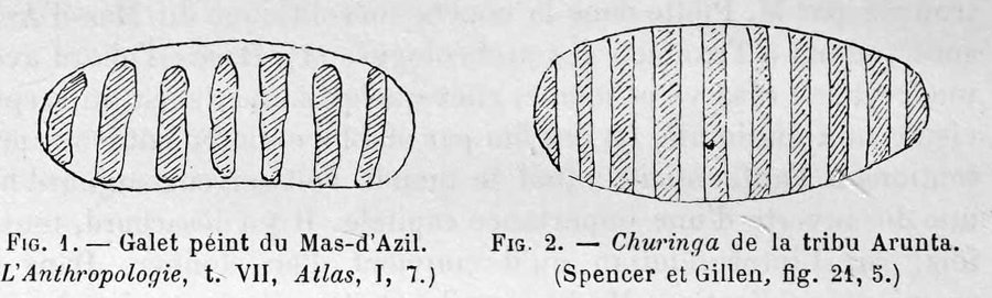 Two oval stones drawn side by side, each banded with hatched vertical stripes: at left a painted pebble from the Mas d'Azil, at right an Arunta stone churinga.