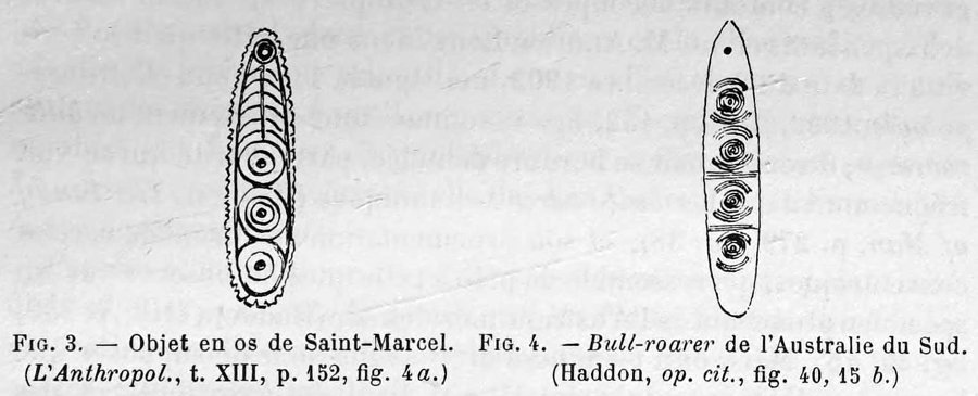 Cook’s 1903 figures side by side: a toothed oval bone object from Saint-Marcel with three concentric circles, and a pierced South Australian bull-roarer with four circle motifs.