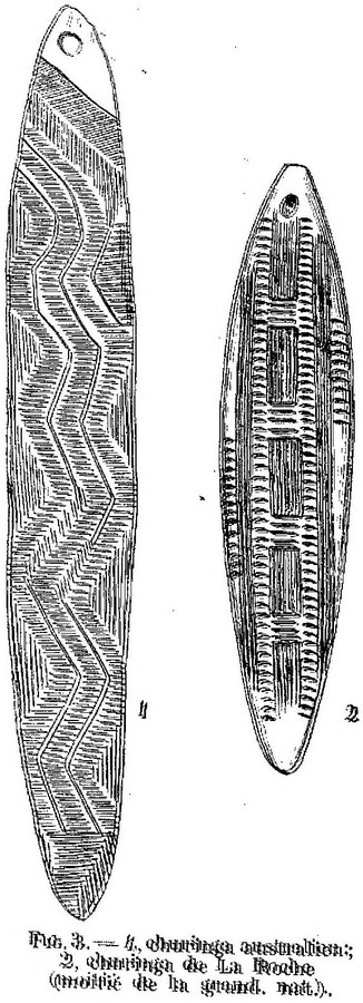 Peyrony’s 1930 figure: a long Australian churinga with zigzag bands beside the shorter Magdalenian blade from La Roche with ranked incisions, each pierced at one end.