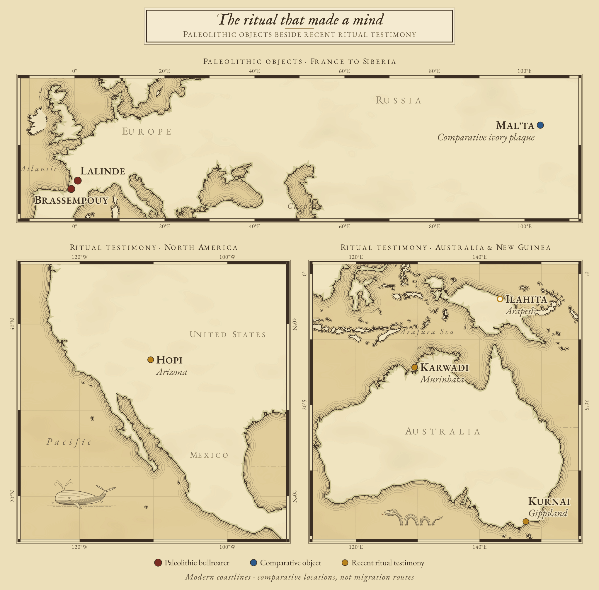 Three engraved maps: Paleolithic objects at Lalinde, Brassempouy and Mal’ta, and recent ritual testimony from the Hopi, Murinbata Karwadi, Kurnai and Ilahita Arapesh.