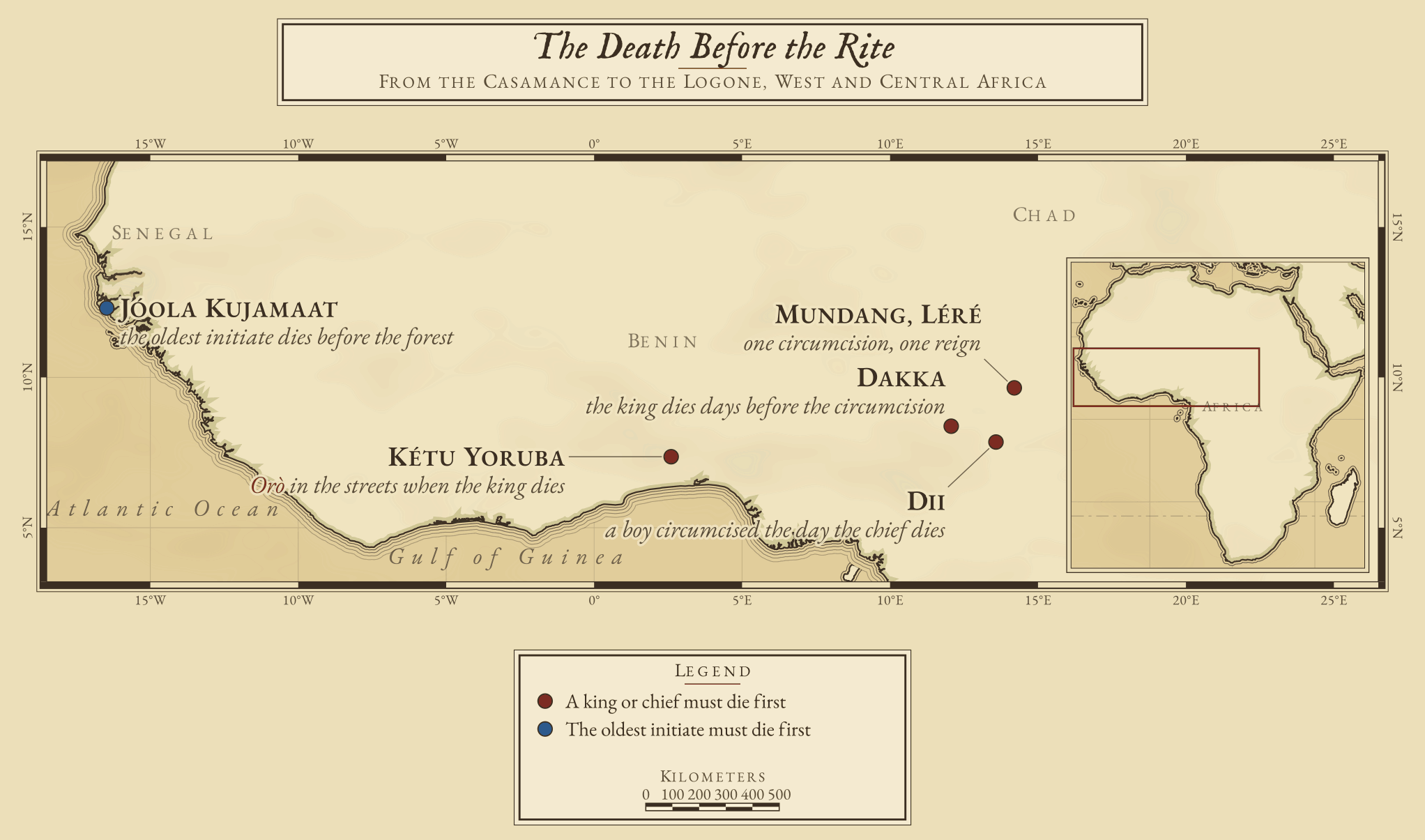 Engraved chart of West and Central Africa, with an inset placing the region on the continent. An indigo sign in Guinea-Bissau marks the Jóola Kujamaat. Brick signs mark the Kétu Yoruba in Benin, the Dakka in eastern Nigeria, the Dii in northern Cameroon and the Mundang at Léré in Chad.