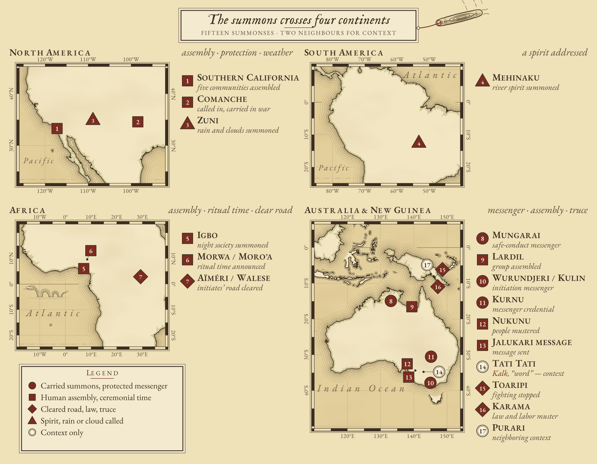 Engraved four-panel chart of fifteen bullroarer summonses in North America, South America, Africa, and Australia and New Guinea, numbered and keyed by kind of call.