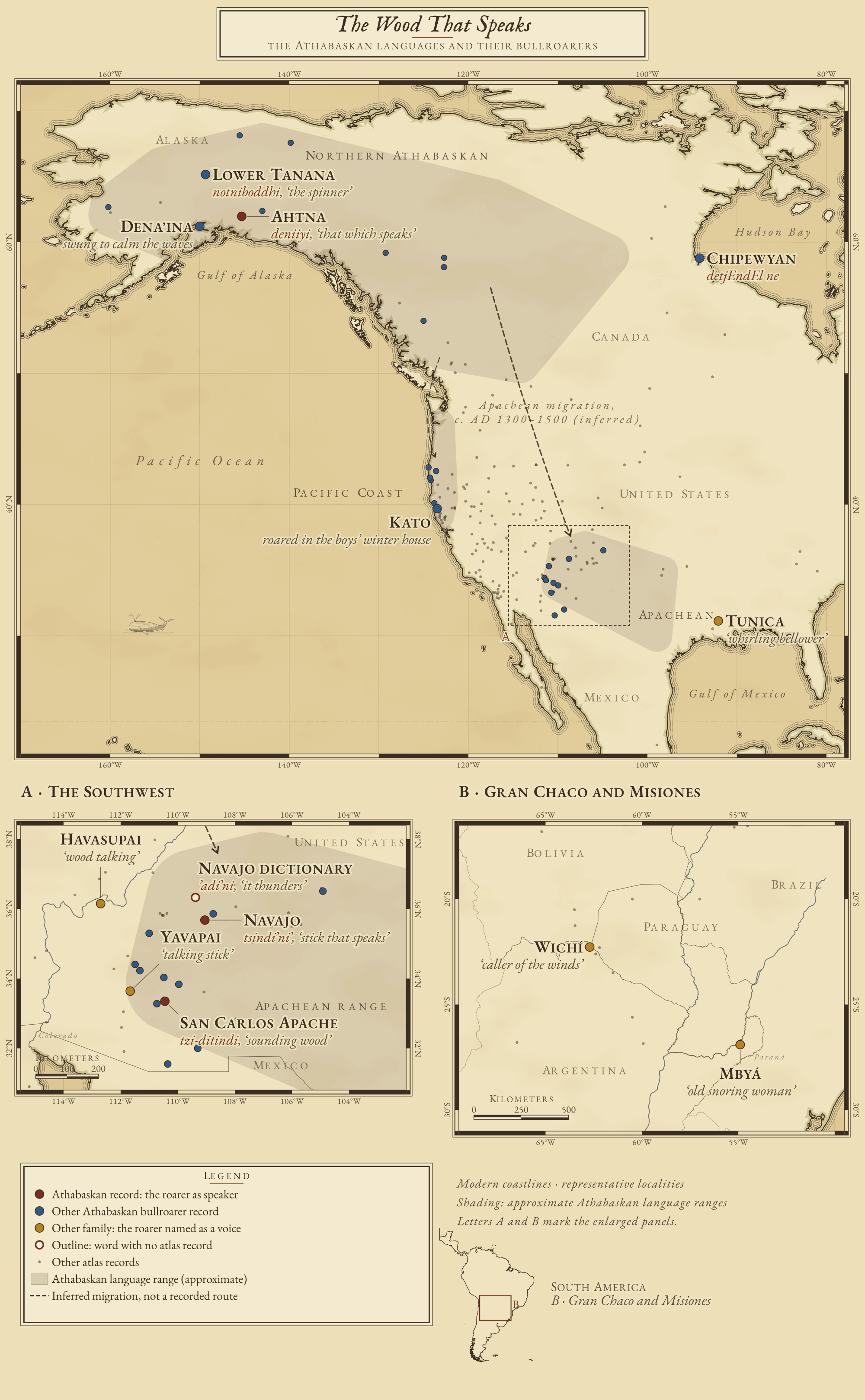 Chart of North America with the Athabaskan language ranges shaded in Alaska and northwest Canada, on the Oregon and California coast, and in the Southwest. A dashed line carries the Apachean migration south. Ahtna, Navajo and Apache bullroarer names meaning speaker are marked, with voice names among neighbouring and South American peoples.