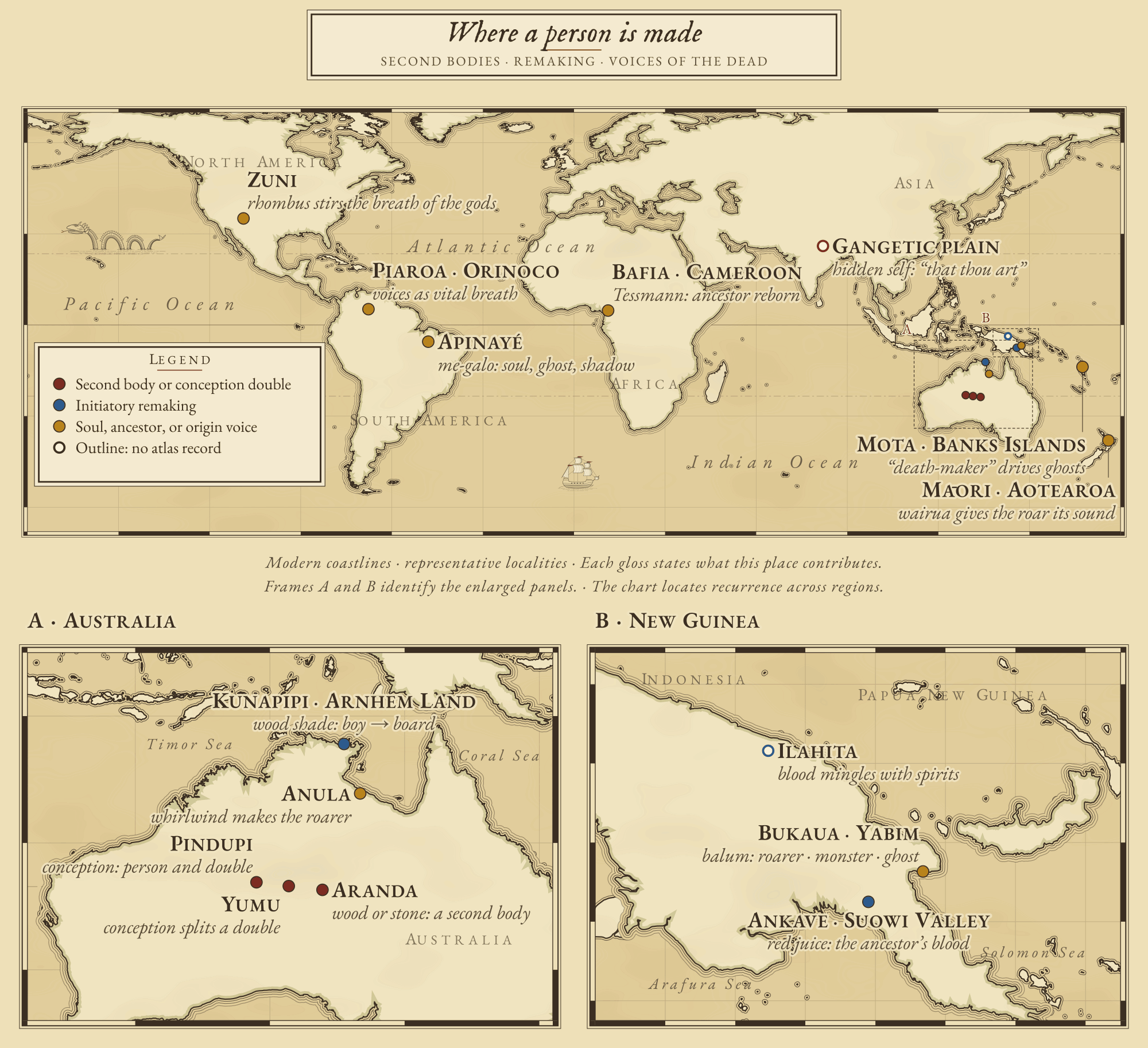 World chart of second bodies, initiatory remaking and soul voices in California, Brazil, Cameroon, India, Australia, New Guinea, Vanuatu and Aotearoa, with Australia and New Guinea enlarged.