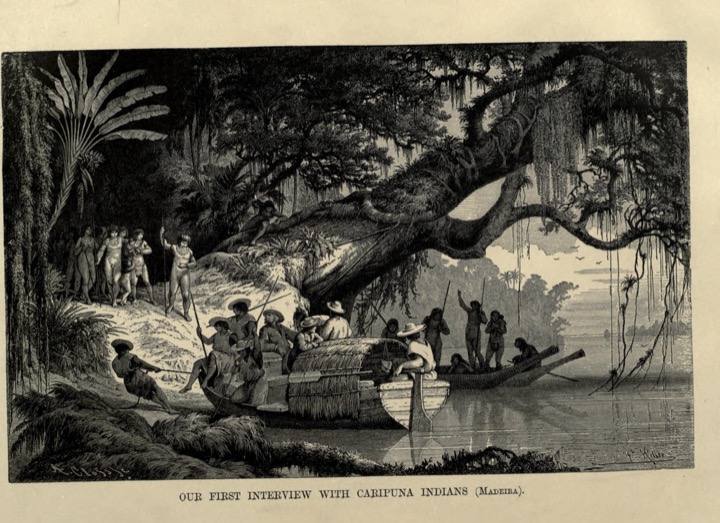 Wood engraving of explorers landing a laden canoe on a forested bank of the Madeira River beneath a huge overhanging tree, while a group of Caripuna men watches from the clearing above.