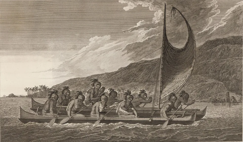 A double-hulled canoe under a crab-claw sail off a steep, wooded coast, its paddlers wearing tall gourd masks.