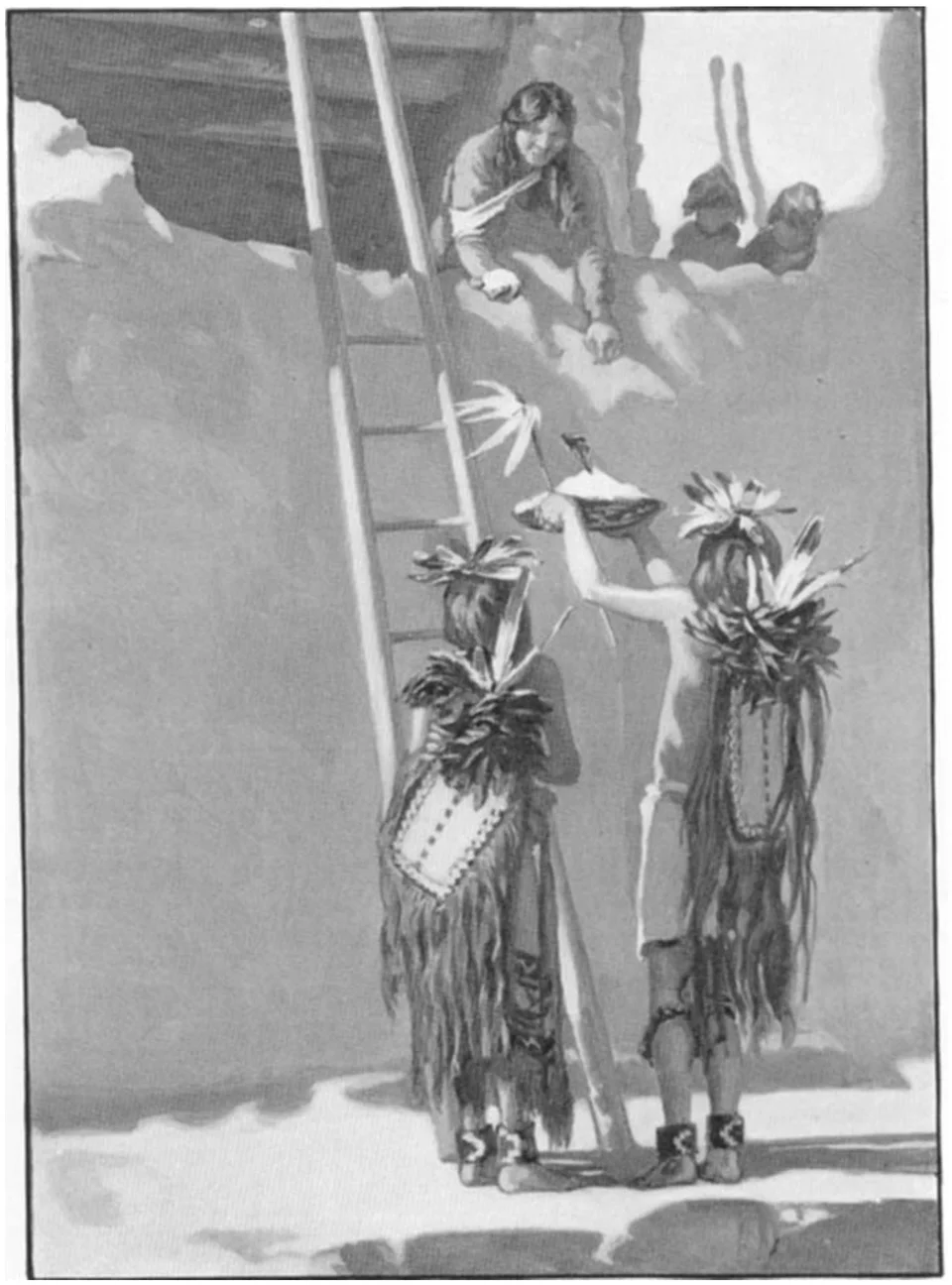 Historical drawing of costumed Kwakwantu participants carrying staffs during the New Fire festival.