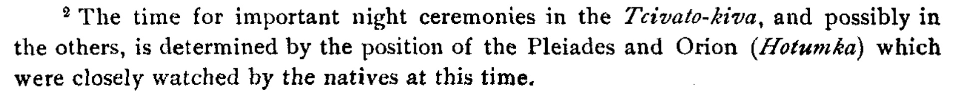 Fewkes’s printed footnote identifying the Pleiades and Orion as the timekeepers of important night ceremonies in Tcivato-kiva.