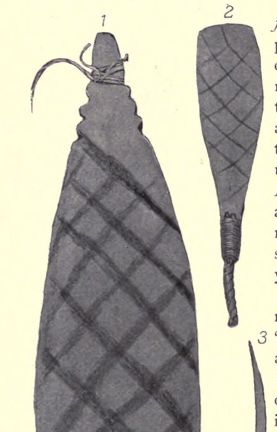 Line drawings of the two Kurnai bull-roarers, Tundun and Rukut-Tundun, showing the cross-hatched surface pattern