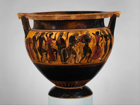 Column krater with Dionysos, satyrs, and maenads.