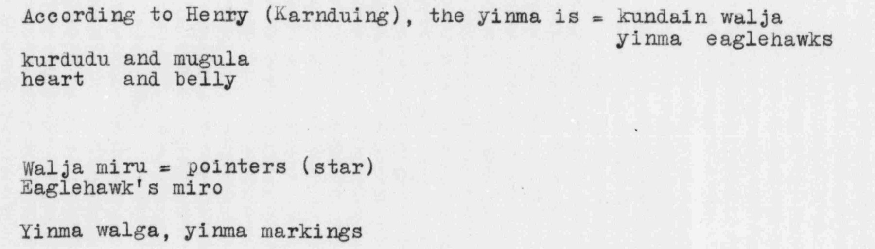 Typed page reading: According to Henry (Karnduing), the yinma is = kundain walja, yinma eaglehawks, kurdudu and mugula, heart and belly; below, Walja miru = pointers (star), Eaglehawk's miro; and Yinma walga, yinma markings.