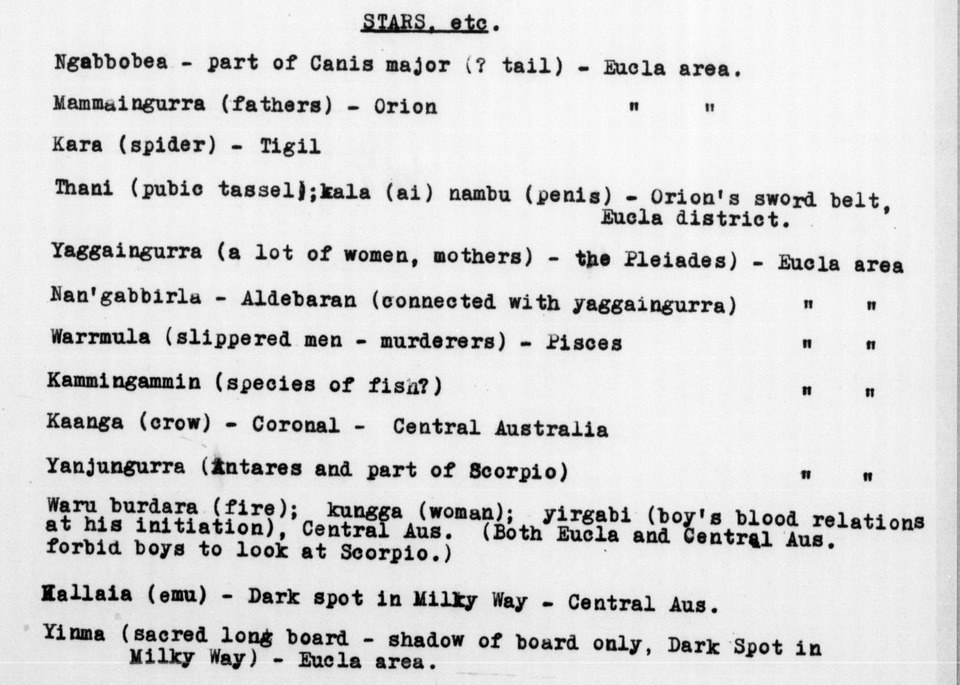 Typed list headed STARS, etc., ending with the entries Kallaia (emu) - Dark spot in Milky Way - Central Aus. and Yinma (sacred long board - shadow of board only, Dark Spot in Milky Way) - Eucla area.