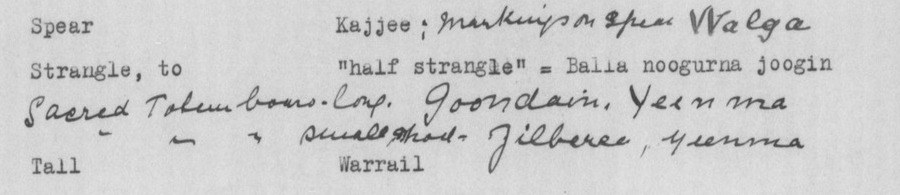 Typed vocabulary lines for Spear, Strangle and Tall, with a handwritten insertion between them reading Sacred Totem board. Long. Goondain, Yeenma; small short, Jilberee, yeenma.