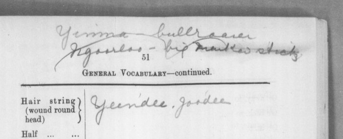 Daisy Bates vocabulary page with the handwritten entry Yinma — bullroarer above the printed General Vocabulary heading.