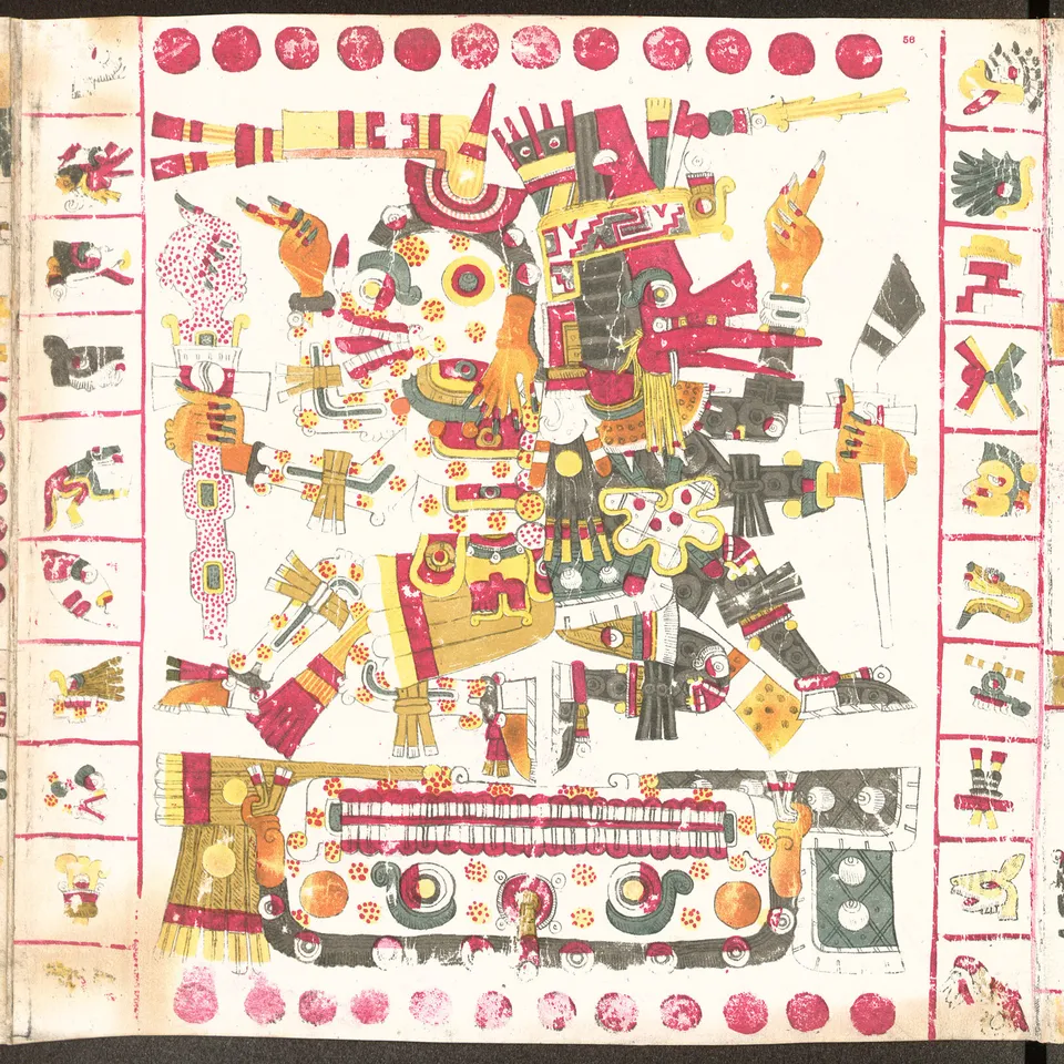 A brightly painted codex page: two gods drawn back to back as one figure, one with a red beaked wind mask, the other a black-and-white skeletal death god, standing over a skull-studded earth band, framed by day signs.