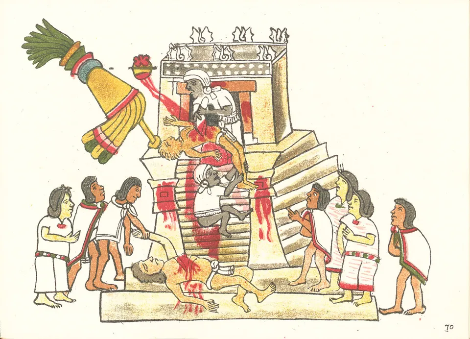 A painted codex scene: at the top of a temple stair a priest cuts open a man stretched backward on a stone, his heart flying up toward the sky, while a body lies at the foot of the bloodied stairs and onlookers watch.