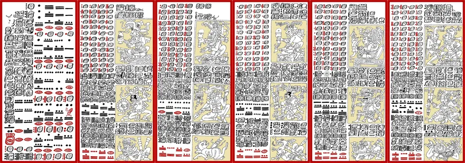 Six narrow codex pages side by side, dense with glyphs and bar-and-dot numbers, each with three painted panels showing gods; in the middle panels an armed figure hurls a spear and in the lowest a struck victim falls.