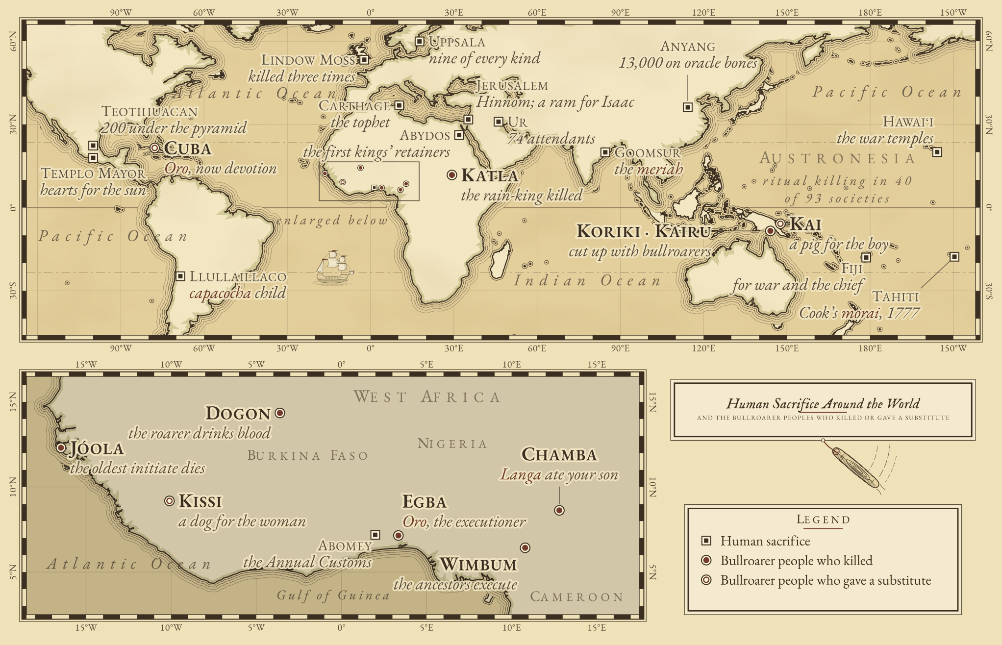 Engraved world chart of human sacrifice from Mexico and the Andes to Scandinavia, West Africa, Mesopotamia, India, China and the Pacific, with the bullroarer peoples who kept the killing and those who softened it to a substitute; West Africa is enlarged below.