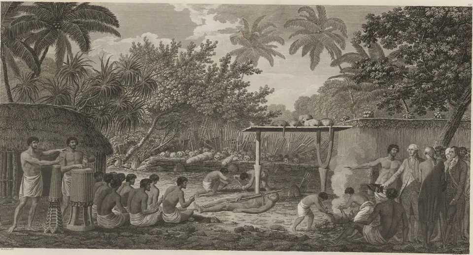 An engraving of a temple enclosure under palms: drummers at left, a row of seated men, a bound body lying on the ground, skulls ranged along a stone wall behind, and European officers watching at right.