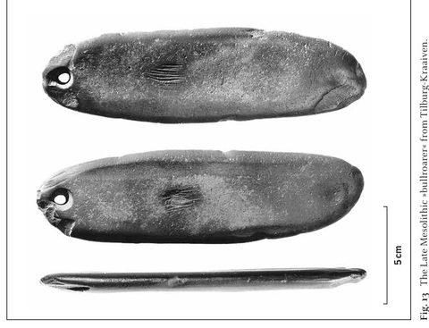 The Tilburg-Kraaiven plate in its publication figure — edge view and both scratched faces, the biconical cord hole at the left end.