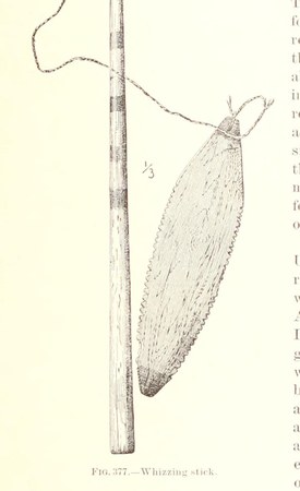 Murdoch's drawing of a whizzing stick from Utkiaġvik (Point Barrow): a painted, serrated blade lashed by a braided sinew cord to its rod handle...