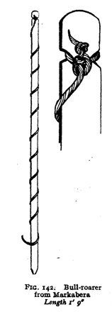 Elwin's own drawing of the Markabera bull-roarer, a spiral-carved rod one foot nine inches long with a hooked tip and its cord knotted through...