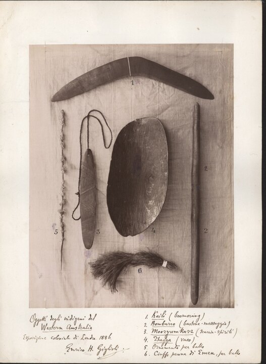 Western Australia, Giglioli 1886. The entire historical page is shown; object 3 is handwritten Mooryumkarr, probably the Gascoyne-mouth...