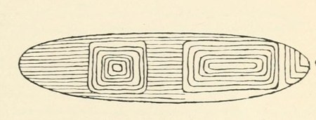 Hambly's plate of a Kimberley whirler carved with two square spiral motifs down its length — region-matched to the Derby district instrument...