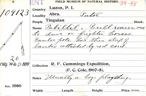 Field Museum catalogue card for the Tinguian pabilbil bull-roarer (no. 109123), Patoc, Abra, Luzon — with the object drawing and Cole's 1907–8...