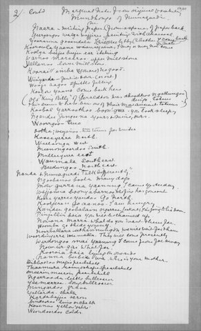 Handwritten vocabulary page in Daisy Bates’s papers; near the foot, entries for the little and long bullroarer.