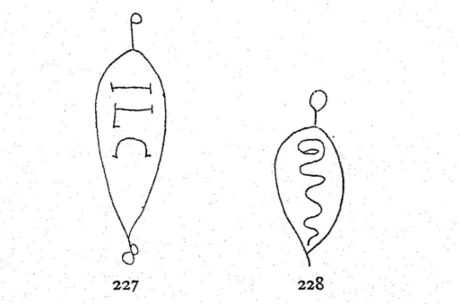 Bayley's figs 227-228: two medieval paper watermarks he reads as bullroarers — a blade on a single cord, fig 227 bearing the regenerative...