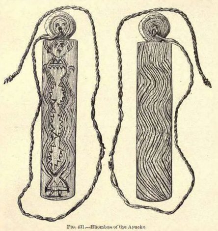 Bourke's Fig. 431, two Apache bullroarers side by side: the left carved with a stacked figure, zigzag bands and triangle borders, the right...