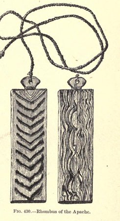 Two Apache bull-roarers as engraved by Bourke in 1892 — rectangular wooden blades on long cords, one carved with chevrons and the other with a...