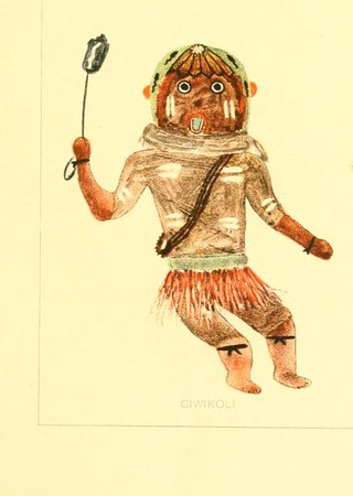 Fewkes's painted plate of the Ciwikoli katcina, a masked dancer swinging a small dark whizzer on a cord overhead — the figure Fewkes ties to...