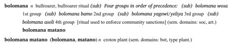 The bolomana entry: four ranks of bullroarer and the ritual that enforced sanctions.