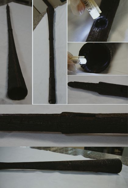The Goeldi catalogue's photo page for the Lagoa das Oncas zumbidor — the incised ceramic blade under the calipers.