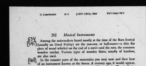 Courlander's page on the von-von, a thin flat board whirled on a cord at Rara time.