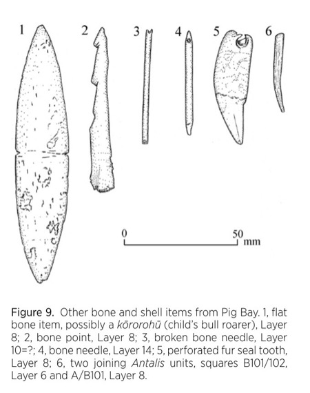 Fig. 9 of Pig Bay bone and shell items; the candidate is no. 1, the flat bone blade captioned as possibly a kōrorohū (child's bull roarer).