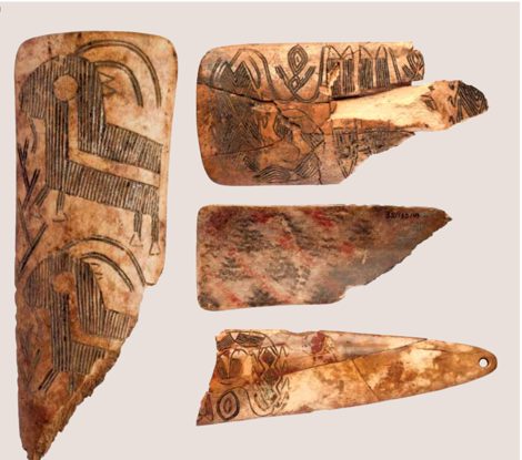 Decorated ritual bone plaques from Körtik Tepe (PPNA, Upper Tigris): an incised plaque with two ibex/goat figures, a chevron/snake-band plaque,...