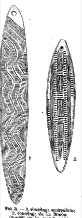 An old printed figure showing two engraved blades side by side, an Australian churinga and a Palaeolithic plaque, for comparison.