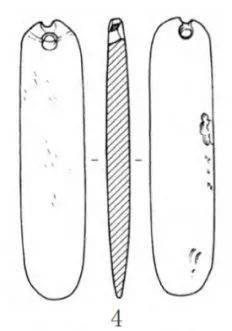 Line drawing of a long narrow blade with rounded ends shown three ways: front, a hatched side profile, and back; a small round hole and a notch sit at the top end.
