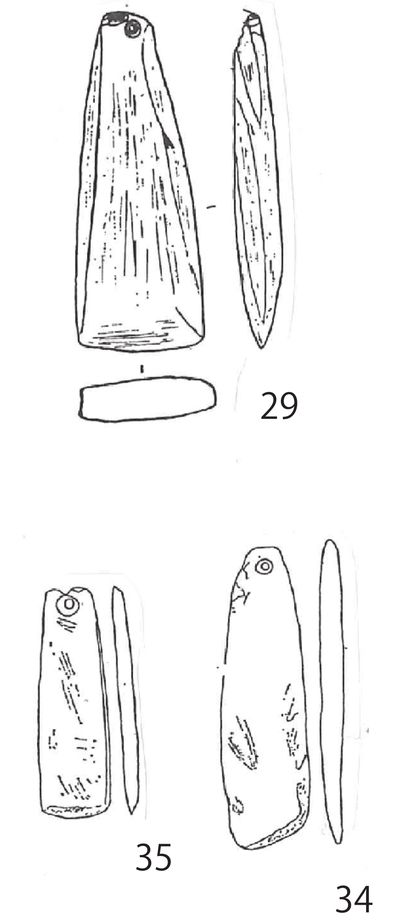 Fig. 3 detail: the three thin Heiwa slats, nos. 29, 34 and 35 — the corpus's most blade-like members.