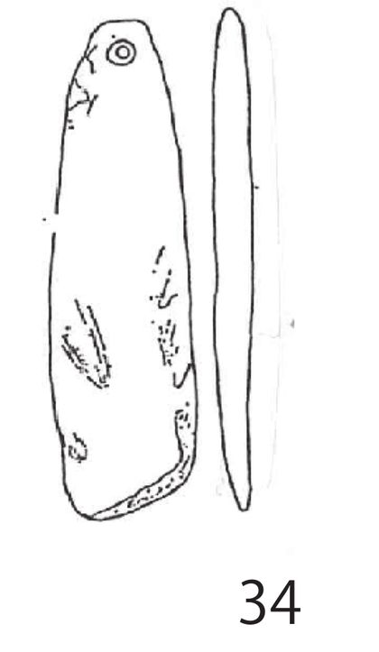 Heiwa slat no. 34 (Fig. 3): 6.0 × 1.8 × 0.6 cm, end-holed — possibly Hidaka jade, unverified.